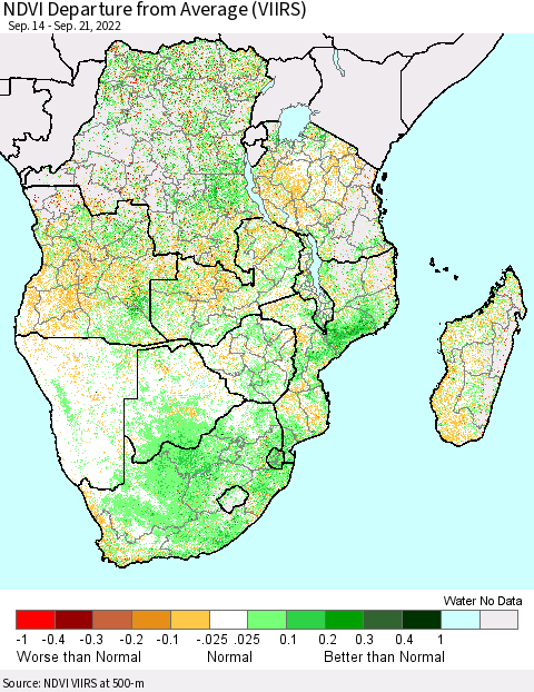Southern Africa NDVI Departure from Average (VIIRS) Thematic Map For 9/14/2022 - 9/21/2022