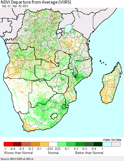 Southern Africa NDVI Departure from Average (VIIRS) Thematic Map For 9/22/2022 - 9/29/2022