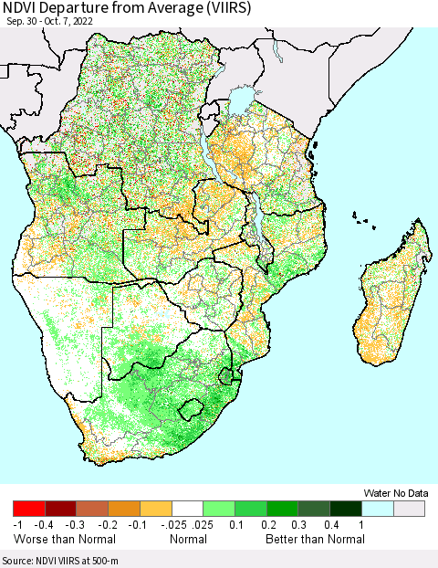 Southern Africa NDVI Departure from Average (VIIRS) Thematic Map For 9/30/2022 - 10/7/2022