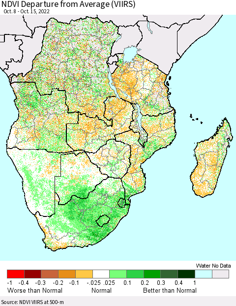 Southern Africa NDVI Departure from Average (VIIRS) Thematic Map For 10/8/2022 - 10/15/2022