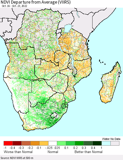 Southern Africa NDVI Departure from Average (VIIRS) Thematic Map For 10/16/2022 - 10/23/2022