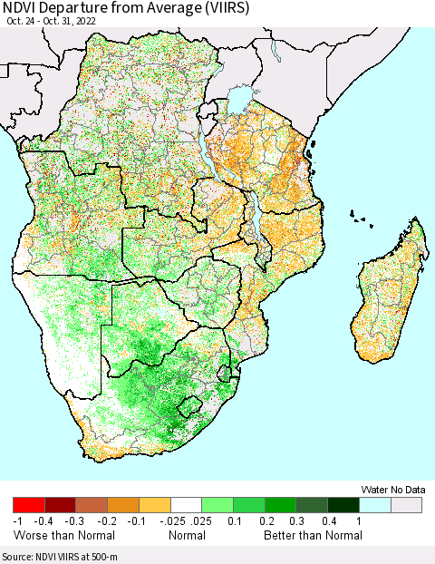 Southern Africa NDVI Departure from Average (VIIRS) Thematic Map For 10/24/2022 - 10/31/2022