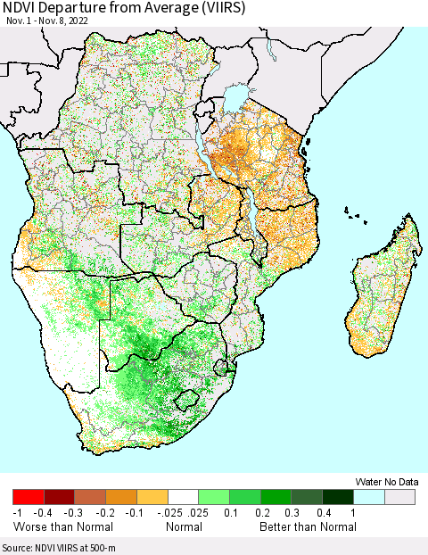 Southern Africa NDVI Departure from Average (VIIRS) Thematic Map For 11/1/2022 - 11/8/2022
