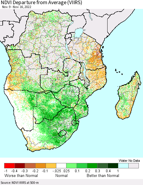 Southern Africa NDVI Departure from Average (VIIRS) Thematic Map For 11/9/2022 - 11/16/2022