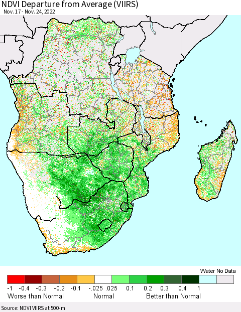 Southern Africa NDVI Departure from Average (VIIRS) Thematic Map For 11/17/2022 - 11/24/2022