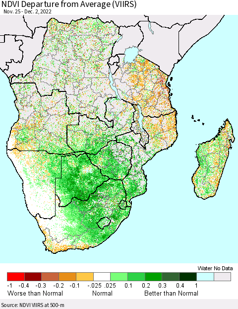 Southern Africa NDVI Departure from Average (VIIRS) Thematic Map For 11/25/2022 - 12/2/2022