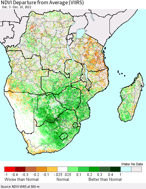 Southern Africa NDVI Departure from Average (VIIRS) Thematic Map For 12/3/2022 - 12/10/2022