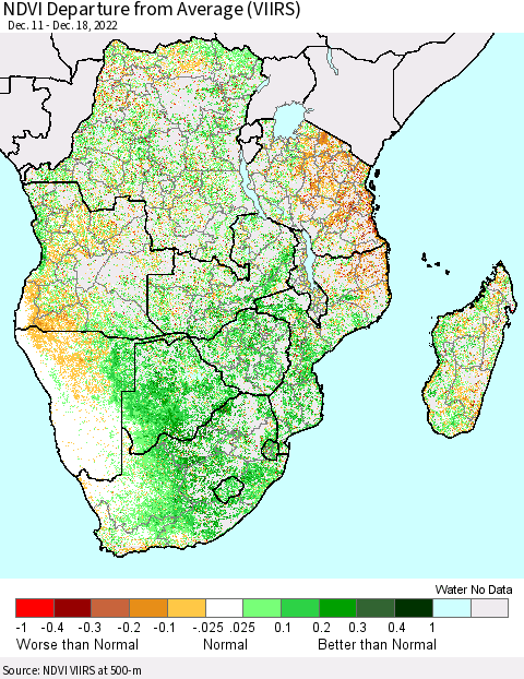 Southern Africa NDVI Departure from Average (VIIRS) Thematic Map For 12/11/2022 - 12/18/2022