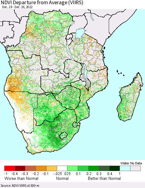 Southern Africa NDVI Departure from Average (VIIRS) Thematic Map For 12/19/2022 - 12/26/2022