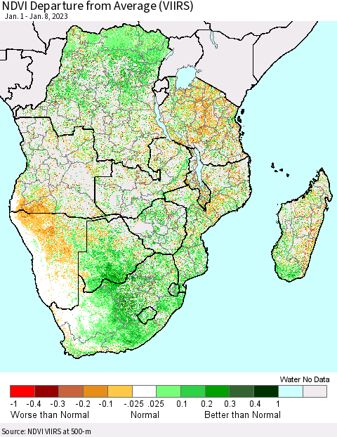 Southern Africa NDVI Departure from Average (VIIRS) Thematic Map For 1/1/2023 - 1/8/2023