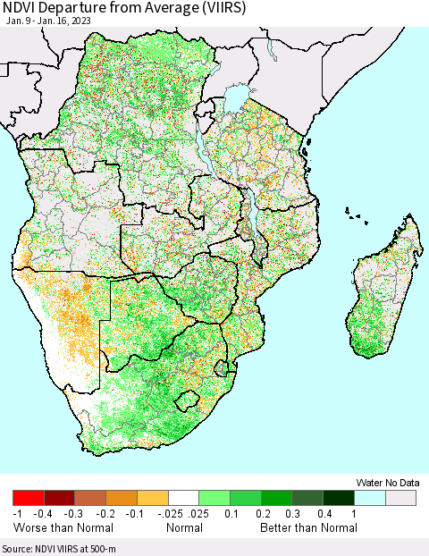 Southern Africa NDVI Departure from Average (VIIRS) Thematic Map For 1/9/2023 - 1/16/2023