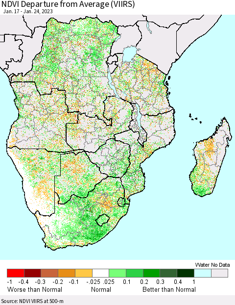 Southern Africa NDVI Departure from Average (VIIRS) Thematic Map For 1/17/2023 - 1/24/2023