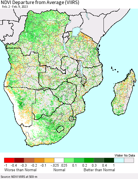 Southern Africa NDVI Departure from Average (VIIRS) Thematic Map For 2/2/2023 - 2/9/2023