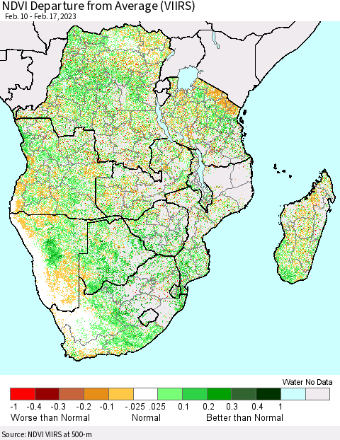Southern Africa NDVI Departure from Average (VIIRS) Thematic Map For 2/10/2023 - 2/17/2023