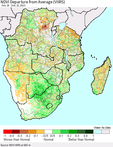 Southern Africa NDVI Departure from Average (VIIRS) Thematic Map For 2/18/2023 - 2/25/2023