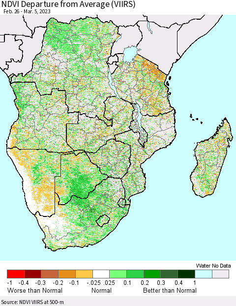 Southern Africa NDVI Departure from Average (VIIRS) Thematic Map For 2/26/2023 - 3/5/2023