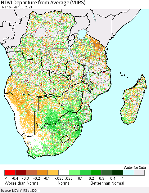 Southern Africa NDVI Departure from Average (VIIRS) Thematic Map For 3/6/2023 - 3/13/2023