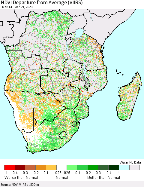Southern Africa NDVI Departure from Average (VIIRS) Thematic Map For 3/14/2023 - 3/21/2023