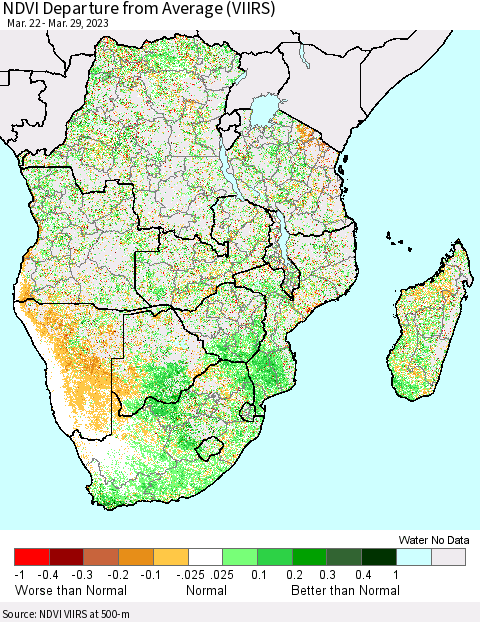 Southern Africa NDVI Departure from Average (VIIRS) Thematic Map For 3/22/2023 - 3/29/2023