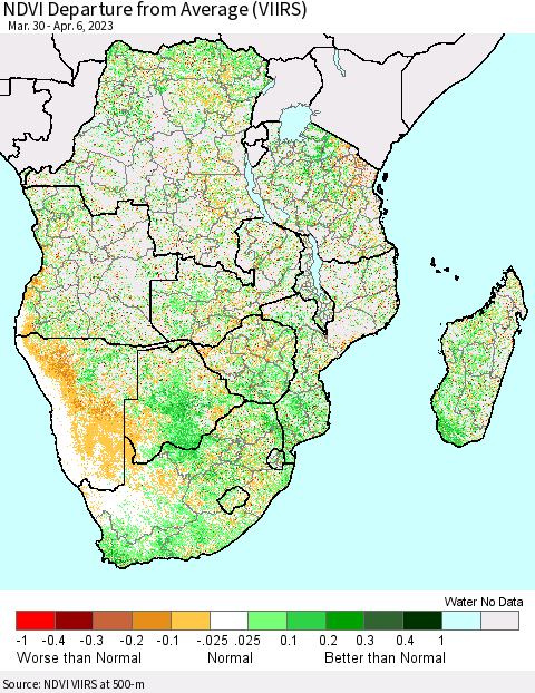 Southern Africa NDVI Departure from Average (VIIRS) Thematic Map For 3/30/2023 - 4/6/2023