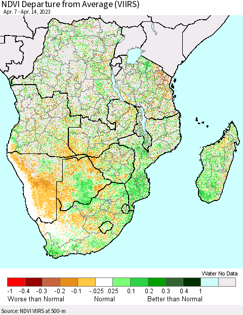 Southern Africa NDVI Departure from Average (VIIRS) Thematic Map For 4/7/2023 - 4/14/2023