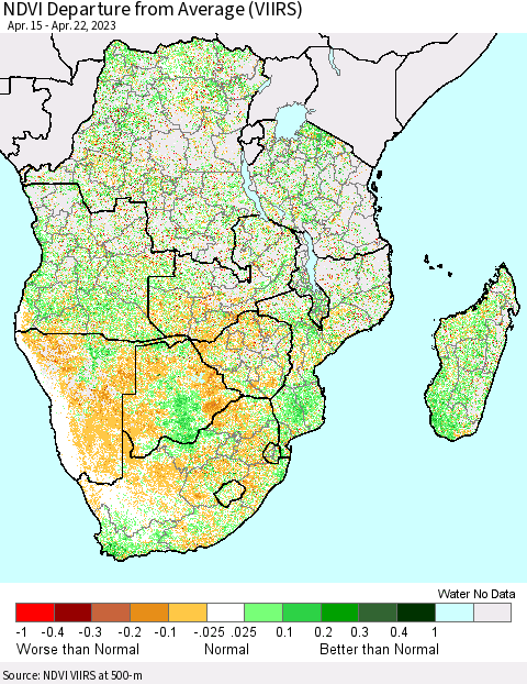 Southern Africa NDVI Departure from Average (VIIRS) Thematic Map For 4/15/2023 - 4/22/2023