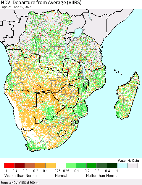 Southern Africa NDVI Departure from Average (VIIRS) Thematic Map For 4/23/2023 - 4/30/2023