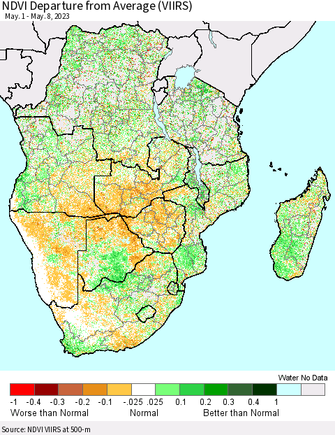Southern Africa NDVI Departure from Average (VIIRS) Thematic Map For 5/1/2023 - 5/8/2023