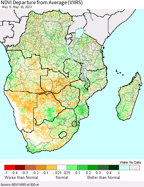 Southern Africa NDVI Departure from Average (VIIRS) Thematic Map For 5/9/2023 - 5/16/2023