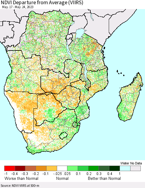 Southern Africa NDVI Departure from Average (VIIRS) Thematic Map For 5/17/2023 - 5/24/2023