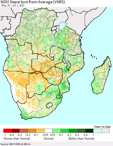 Southern Africa NDVI Departure from Average (VIIRS) Thematic Map For 5/25/2023 - 6/1/2023