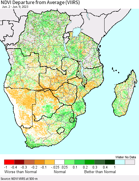 Southern Africa NDVI Departure from Average (VIIRS) Thematic Map For 6/2/2023 - 6/9/2023
