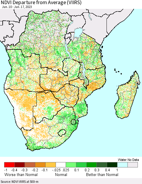 Southern Africa NDVI Departure from Average (VIIRS) Thematic Map For 6/10/2023 - 6/17/2023
