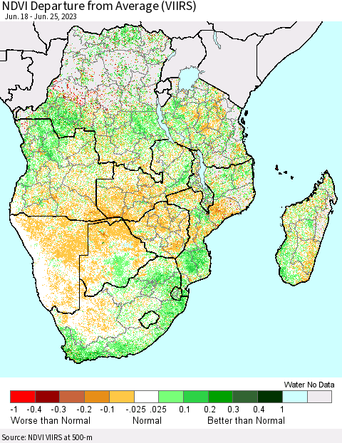 Southern Africa NDVI Departure from Average (VIIRS) Thematic Map For 6/18/2023 - 6/25/2023
