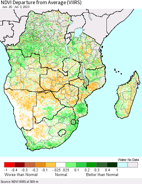 Southern Africa NDVI Departure from Average (VIIRS) Thematic Map For 6/26/2023 - 7/3/2023