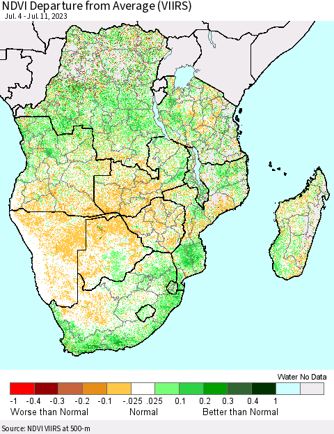 Southern Africa NDVI Departure from Average (VIIRS) Thematic Map For 7/4/2023 - 7/11/2023