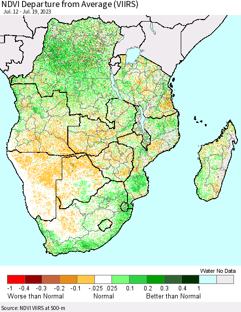 Southern Africa NDVI Departure from Average (VIIRS) Thematic Map For 7/12/2023 - 7/19/2023
