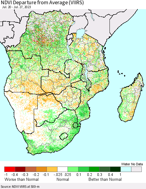 Southern Africa NDVI Departure from Average (VIIRS) Thematic Map For 7/20/2023 - 7/27/2023