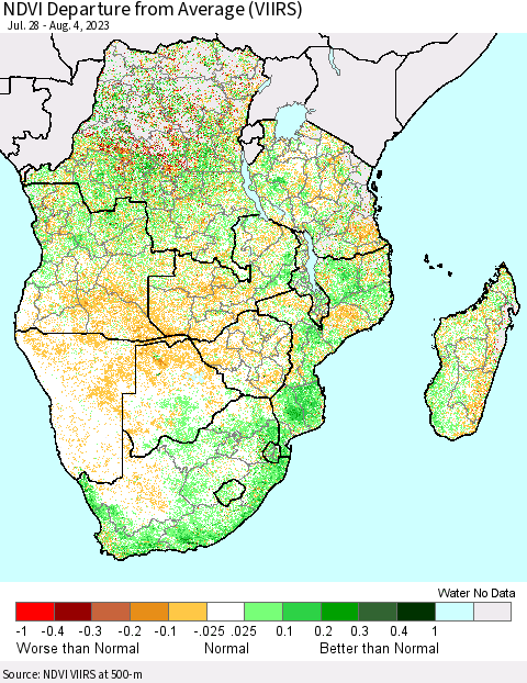 Southern Africa NDVI Departure from Average (VIIRS) Thematic Map For 7/28/2023 - 8/4/2023