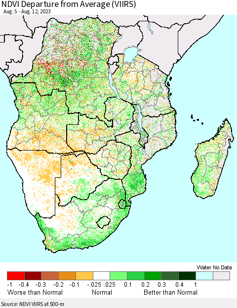Southern Africa NDVI Departure from Average (VIIRS) Thematic Map For 8/5/2023 - 8/12/2023