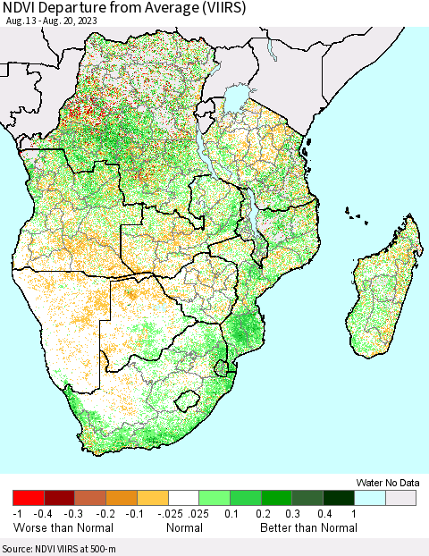 Southern Africa NDVI Departure from Average (VIIRS) Thematic Map For 8/13/2023 - 8/20/2023