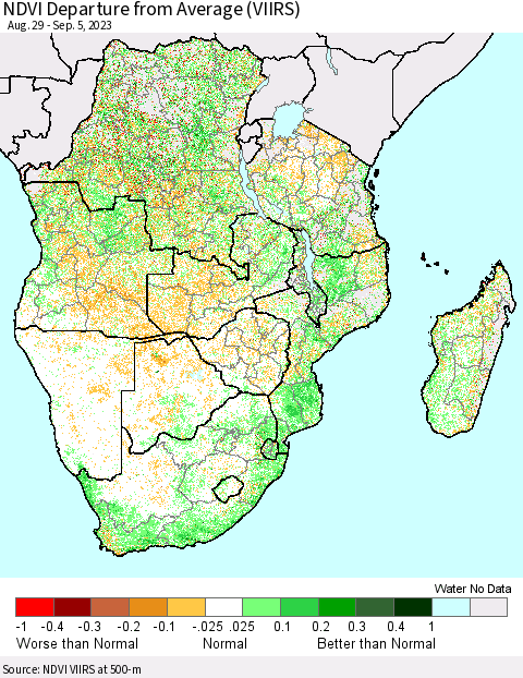 Southern Africa NDVI Departure from Average (VIIRS) Thematic Map For 8/29/2023 - 9/5/2023