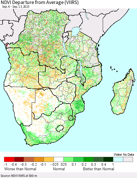 Southern Africa NDVI Departure from Average (VIIRS) Thematic Map For 9/6/2023 - 9/13/2023