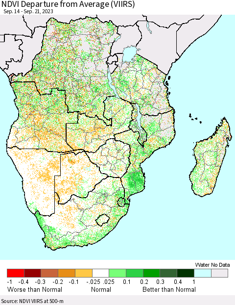 Southern Africa NDVI Departure from Average (VIIRS) Thematic Map For 9/14/2023 - 9/21/2023