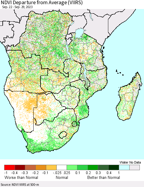 Southern Africa NDVI Departure from Average (VIIRS) Thematic Map For 9/22/2023 - 9/29/2023