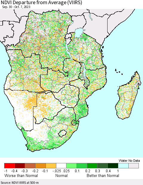 Southern Africa NDVI Departure from Average (VIIRS) Thematic Map For 9/30/2023 - 10/7/2023