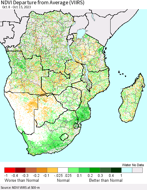 Southern Africa NDVI Departure from Average (VIIRS) Thematic Map For 10/8/2023 - 10/15/2023
