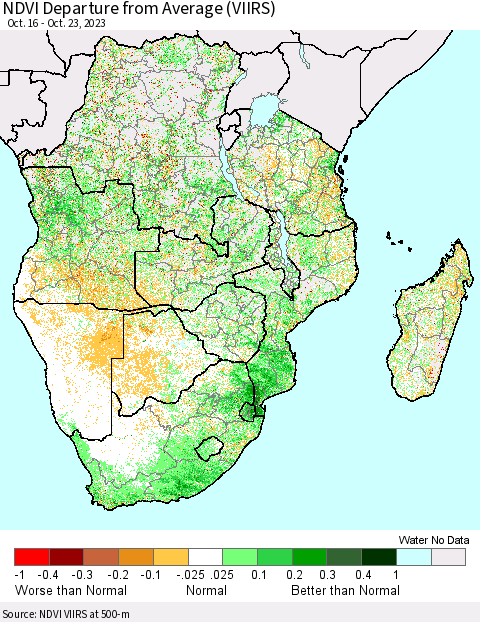 Southern Africa NDVI Departure from Average (VIIRS) Thematic Map For 10/16/2023 - 10/23/2023