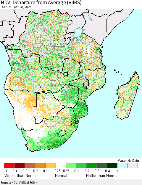 Southern Africa NDVI Departure from Average (VIIRS) Thematic Map For 10/24/2023 - 10/31/2023