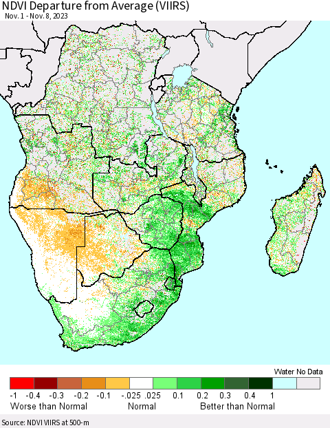 Southern Africa NDVI Departure from Average (VIIRS) Thematic Map For 11/1/2023 - 11/8/2023